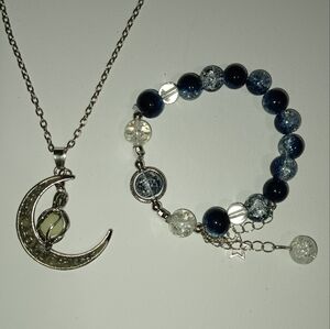 Silver Crescent Moon Pendant Necklace And Bracelet Set